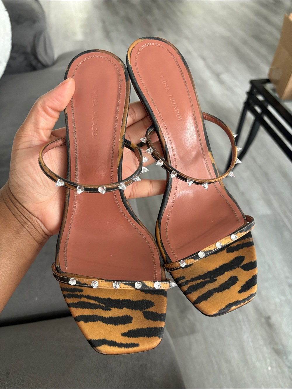 Amina Muaddi Karma Mini Spikes Tiger Print Sandal (some spikes missing) 38.5